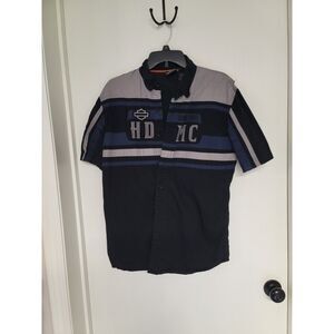 Mens Harley Davidson black, blue, grey button up embroidered short sleeve shirt